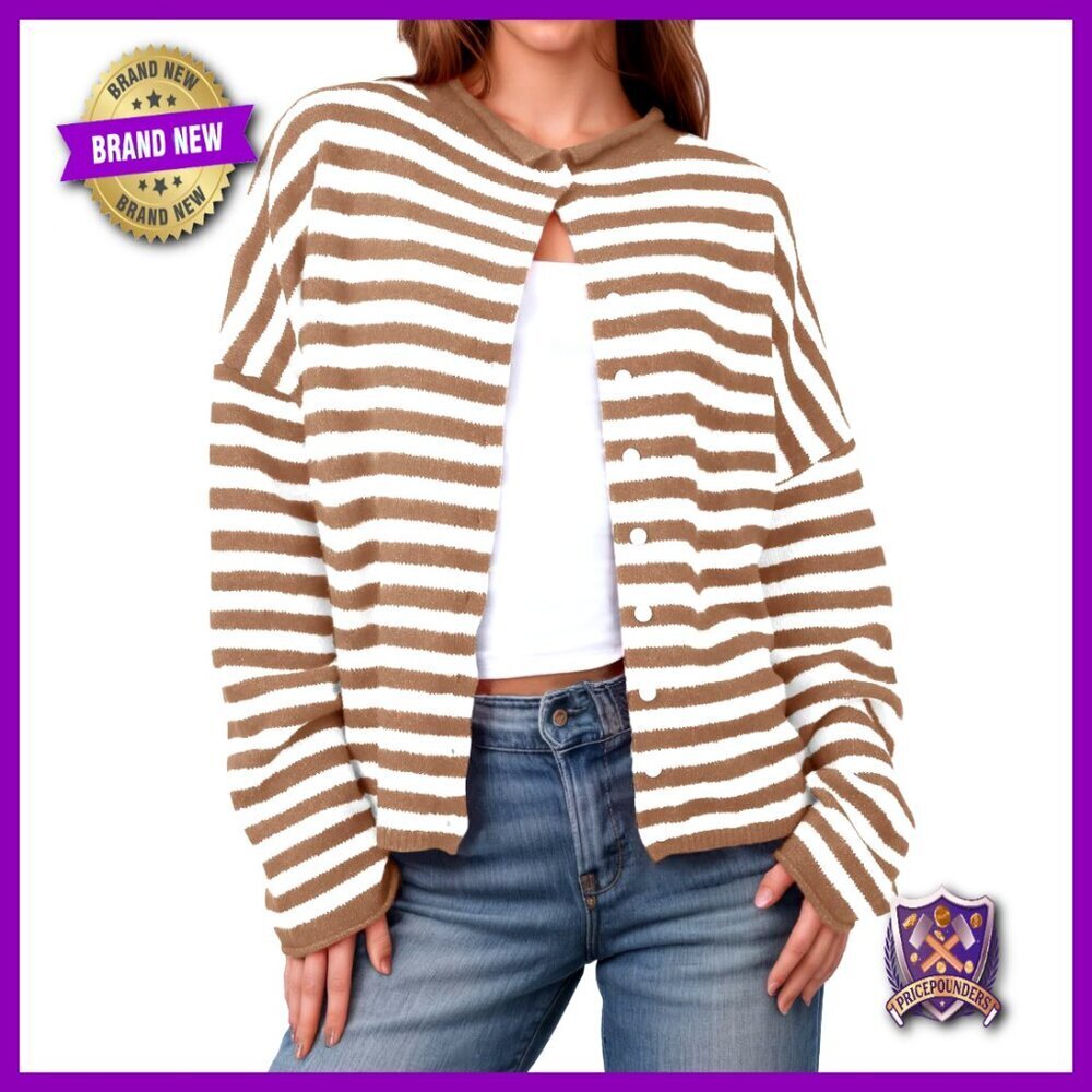 Striped Button Down Cardigan Loose Fit Lightweight Knit Casual Fall Sweater